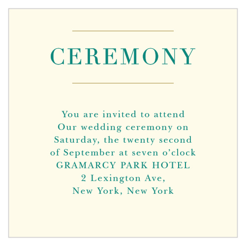 Customize the Peacock Feather Ceremony Cards as sumptuous invites to your wedding ceremony.