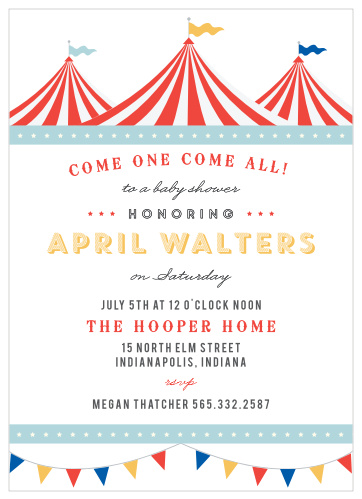 Circus tents, bunting flags, make the Big Top Baby Shower Invitations a fun way to invite guests to your circus-themed baby shower.
