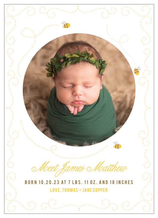 Friendly bees buzz around your child’s photo on the Honey Bee Birth Announcements.