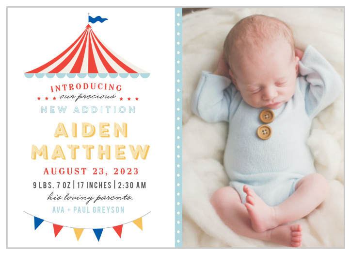 Introduce the newest attraction of your circus family with the Big Top Birth Announcements.