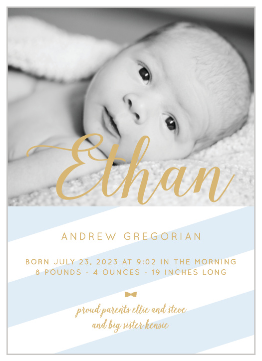 This stunning announcement has a place for a photo of your little one accented with stripes, with your choice of colors.