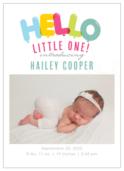 Share your new bundle of joy with the colorful design of the Bubble Balloons Birth Announcements.