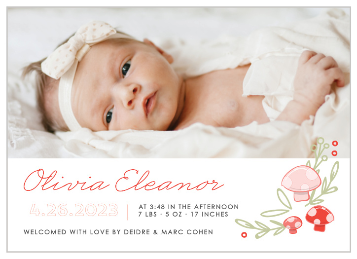 Whimsical greenery accents your newborn’s photo on the Mushroom Forest Birth Announcements.