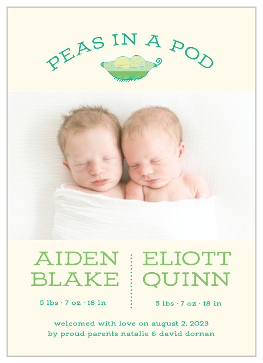 Introduce your two new bundles of joy with the Peas in a Pod Birth Announcements.