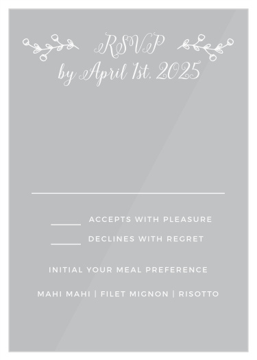 If you're having a good ole' country bash, this is the perfectly rustic option for you! The Rustic Foliage Clear Response cards are printed on real transparent vinyl.