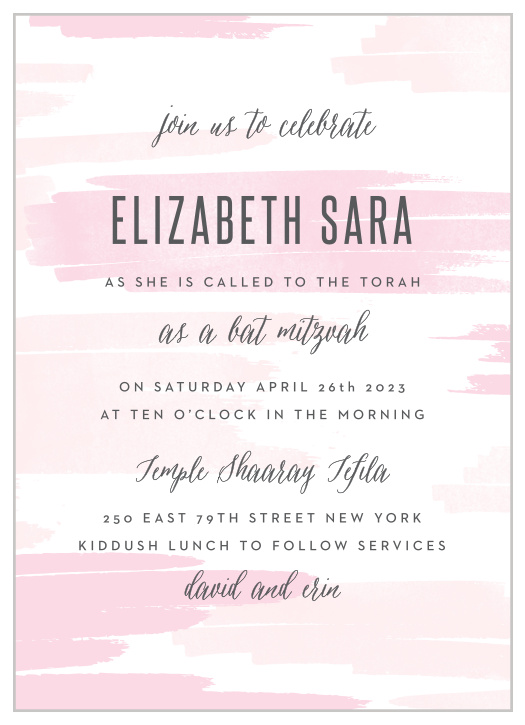 Announce your daughter's coming of age with our soft Pleasant Paintbrush Bat Mitzvah Invitations.