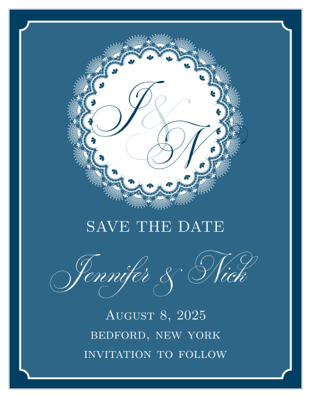 The intricate details in this save-the-date set it apart as stylish. Our Lace Doily card provides a very classy feel for your information and designs your initials into a monogram at the top.