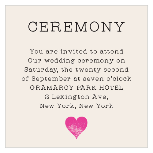 Our Passing Notes Ceremony Cards are artificially yellowed, which, alongside the vintage-print typeface and faded pink heart at the bottom, creates a beautifully aged appearance. 