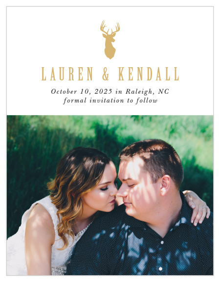 Our Camo & Antlers Save the Date Magnets are sure to have family and friends marking their calendars for your big day.