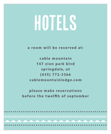 A bold, distinguished title tops our Deco Charm Accommodation Cards in a stunning white, creating a gorgeous contrast against the glass-blue background.