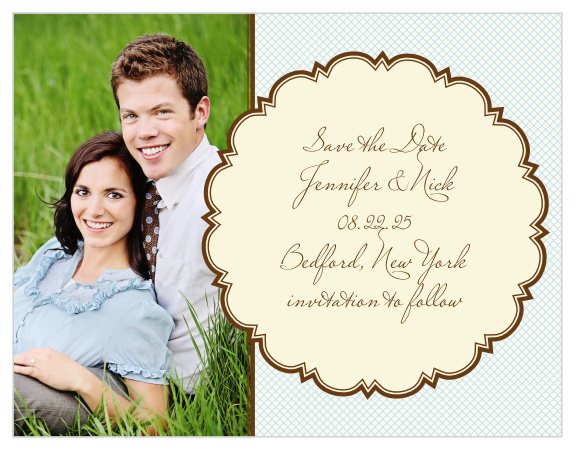 Our Scalloped Frames country chic layout is sure to be remembered for this save-the-date. The whole left side of the card is available for you to feature a photo of the couple.