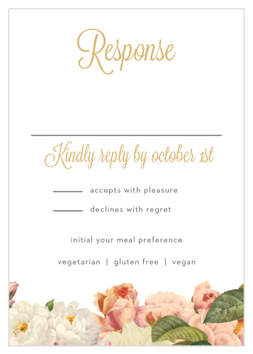 After sending guests your invitations, it's time to get a head count. The Le Jardinier Foil Response Cards create an easy way to get the number of your guests that will be able to attend your wedding.