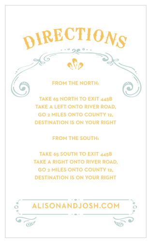 A playful tarrow-yellow title tops our Cheerful Celebrations Direction Cards, underlined by a light blue, intricately designed swirl.