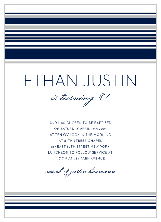 With soft silver and classic blue lines as the primary designs, Tallis Foil LDS Baptism Invitations embody a minimalistic design.