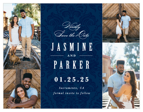 Mark a spot on your loved ones' calendars with our Ribbon & Damask Save the Date Magnets. 