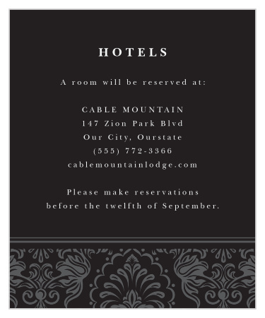 Make sure all your traveling guests have a comfortable place to stay with our Formal Damask Accommodation Cards.