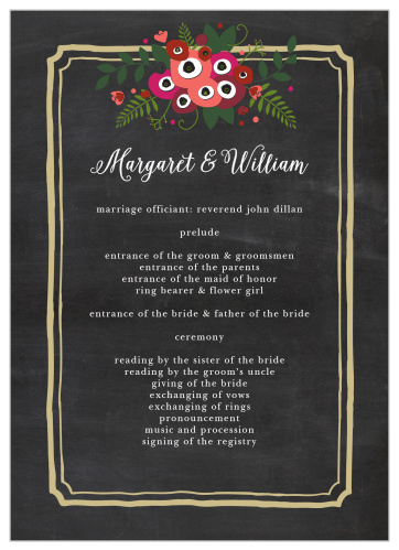 Elegantly framed by an ornate, gold-colored rectangle and topped with a gorgeous bouquet of multicolored flowers, these Chalkboard Blossom Wedding Programs are perfect for guiding your guests through each event in your ceremony.
