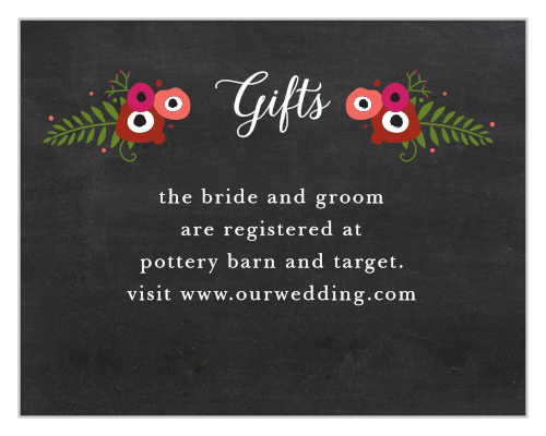 On your wedding day, give the gift of guidance: guide your guests to the gifts that you actually want and need with our Chalkboard Blossom Registry Cards.