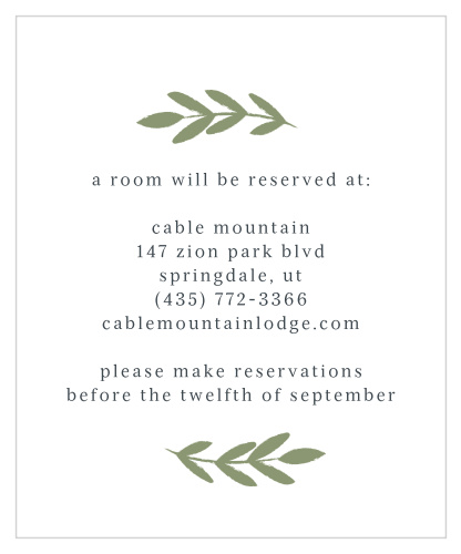 Our lovely Glimmering Garland Accommodation Cards are topped with spring-green leaves and written with a classic serif for easy-readability.