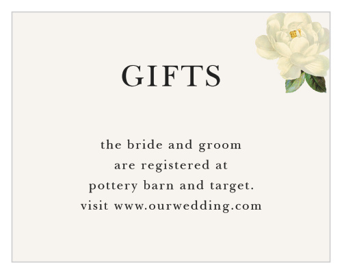 Vintage Florals Foil Registry Cards are printed on cards with a gorgeous, pearl white background, with a midnight black title and text.