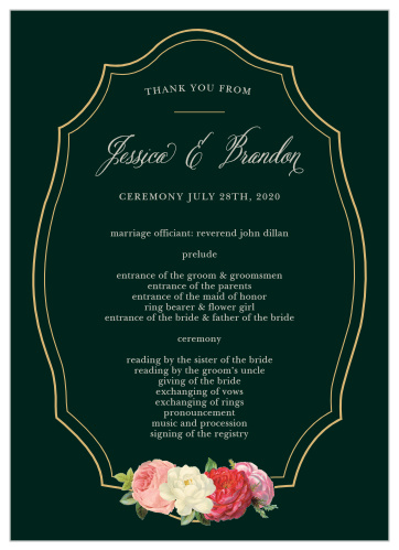 Featuring smoky gray text against a deep eucalyptus green background and gently framed by intricately traced gold foil lines, our Vintage Florals Foil Wedding Programs are perfect for guiding your guests through the events of your wedding day.