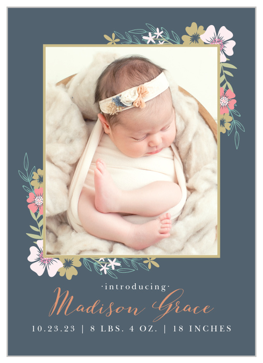 Blossoming bouquets surround a photo of your precious newborn on the Tasteful Tea Party Birth Announcement