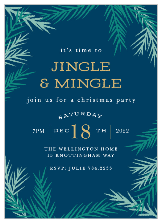 A dark cloud blue forms the background for your Cool Conifer Foil Christmas Party Invitations. 
