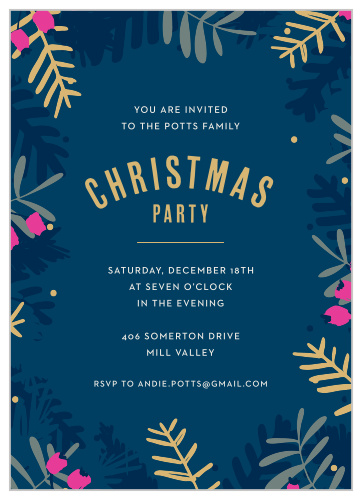 Featuring cheerful, timeless typefaces, a gorgeous deep blue background, and adorned with various evergreen branches and berries, our Blue Branches Foil Christmas Party Invitations are a fantastically festive way to ensure that your loved ones join you at your party.