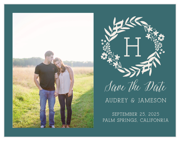 A gorgeous photo of yourselves decorates the left-hand side of our Blooming Monogram Save-the-Date Cards.