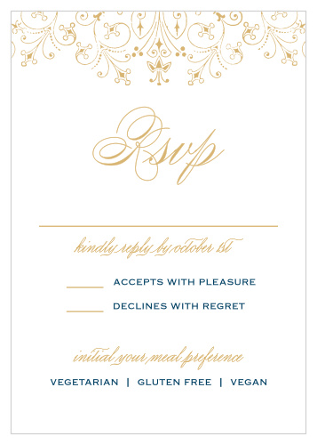Our antique-themed Floral Filigree Foil Response Cards feature a gold foil in various typefaces on a pure white background.