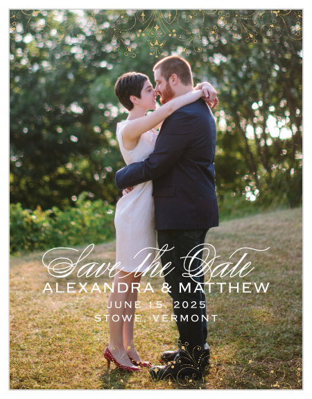 Floral Filigree Foil Save-the-Date Cards feature one of your beautiful engagement photos as their background, a typeface duo made up of a flowing script and modern marking, and delicate, ornate markings along the top and bottom borders in a shining gold foil.