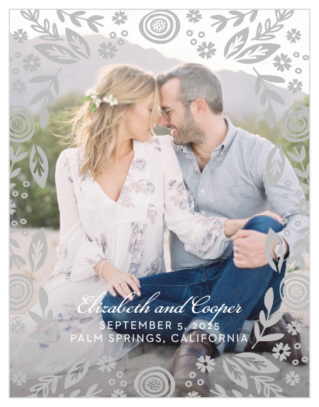 Overlay your photo with the whimsical flowers of the Gardens Abound Foil Save-the-Date Cards.