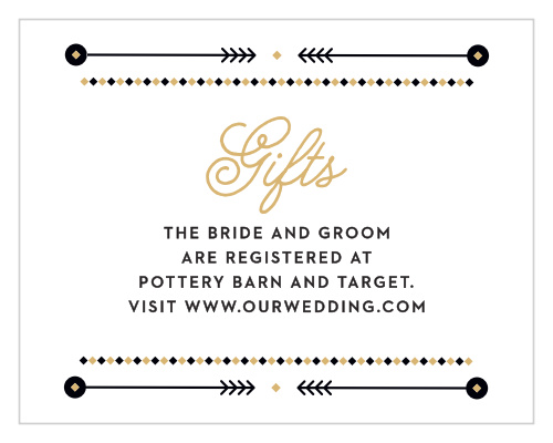 A gold script titles our Modern Story Registry Cards, and all of the text is confined within a few layered, artful accents, further decorating the simple card.
