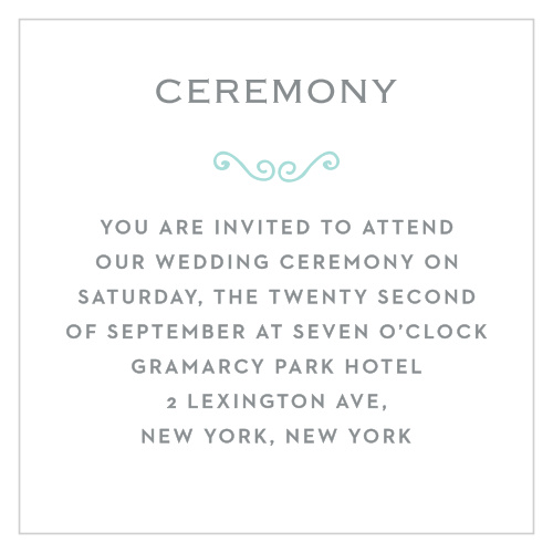 A chic, glass blue, swirling accent gives the Classy & Curly Ceremony Cards their flair.