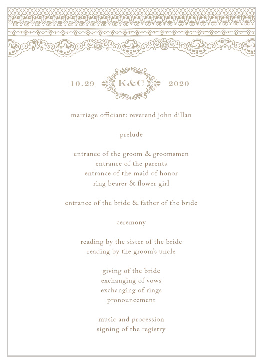 A victorian styled emblem and a gorgeous vintage lace design makes the Lace Couture Wedding Programs an irresistible choice! 