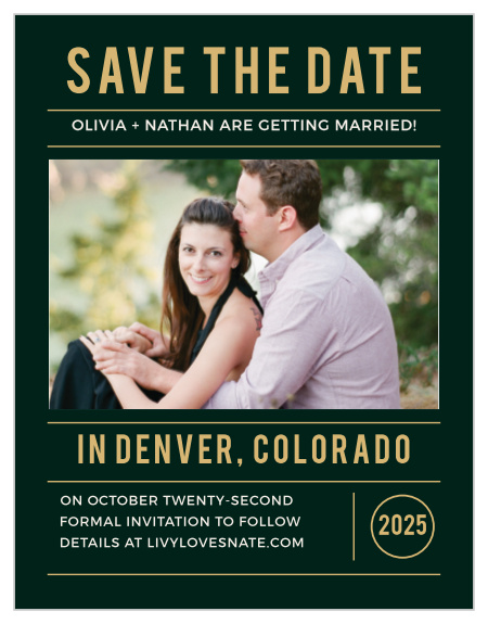 The Photo Romance Foil save the date cards are a great way to show off what a cute couple you make with your favorite photo as the entire background of the card.