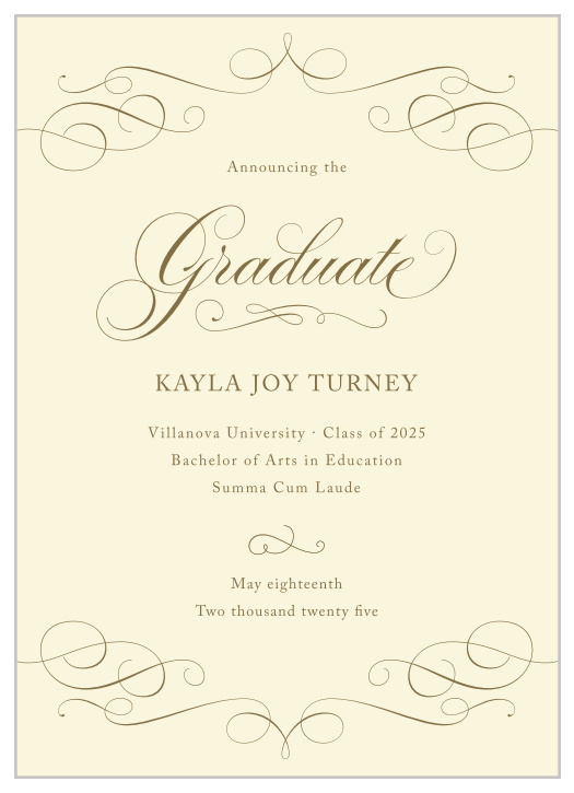 The Flourished Elegance Graduation Announcement is a timeless and elegant way to spread the news of your accomplishments.