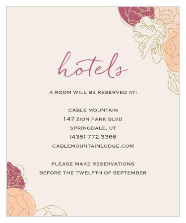 Stunning, multi-colored, rose blooms with gold accents adorn the edges of the Elegant Blooms Accommodation Cards. 