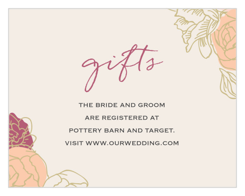 Stunning, multi-colored, rose blooms with gold accents adorn the edges of the Elegant Blooms Registry Cards. 