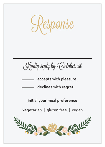 Get a headcount with the delicate floral style of the Laurel Crown Foil Response Cards. An illustrated floral wreath accents your text.