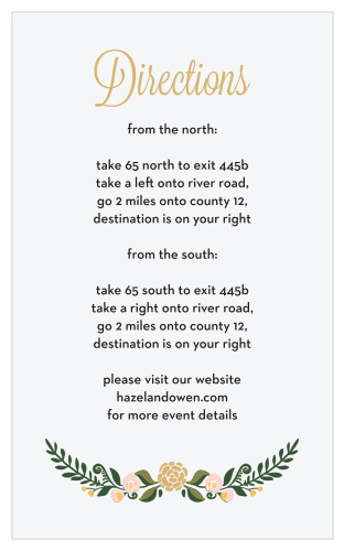 Don’t end up alone on your wedding day. Let your guests know just where to go with the illustrated floral style of the Laurel Crown Foil Direction Cards.