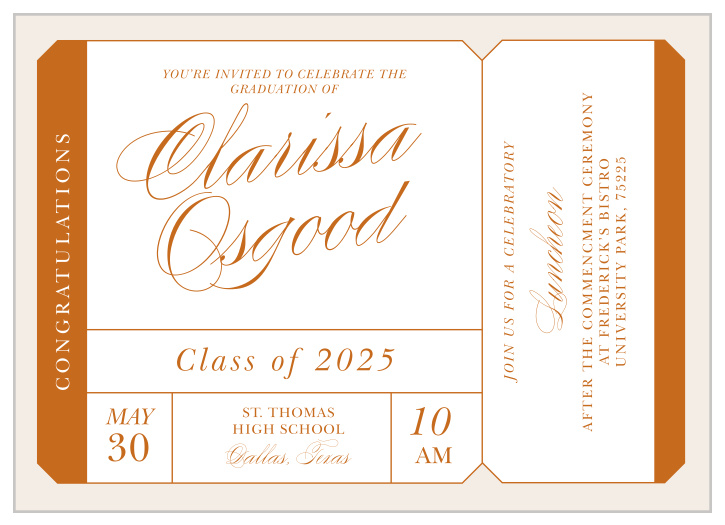 Bring your friends and family together to celebrate your pivotal achievement with the chic look of our Class Ticket Graduation Invitations.