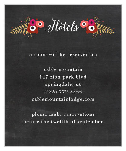 Swirl into your guests' hearts using the gorgeous calligraphy titling our Chalkboard Blossom Foil Accommodation Cards.