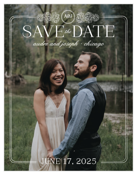 With a victorian-esque, white, floral frame set against your gorgeous engagement photo, the Floral Nouveau Save-the-Date Magnets are a classic choice to represent you on your wedding day!