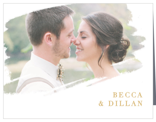 Your wedding photo is artistically displayed on the Brushstroke Bliss Foil Thank You Cards. 