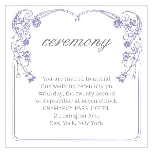 With a victorian-esque, lavender, floral frame set against against a traditional, white background, the Floral Nouveau Ceremony Cards are a classic choice to represent you on your wedding day!
