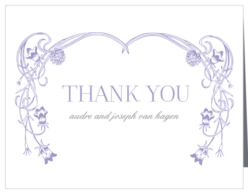 With a victorian-esque, lavender, floral frame set against against a traditional, white background, the Floral Nouveau Thank You Cards are a classic choice to represent you on your wedding day! 