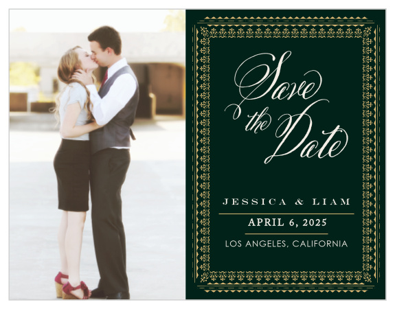 The Elegant Frame Foil Save-the-Date Magnets intricately frame your info alongside your engagement photo. 