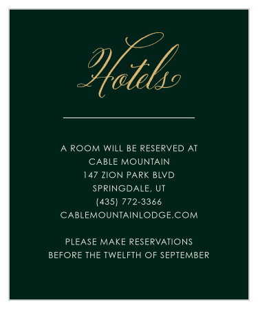 The Elegant Frame Foil Accommodation Cards aim for an elegant simplicity, using only a gold foiled swirling calligraphy against a Eucalyptus background to embellish them.