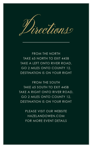 The Elegant Frame Foil Direction Cards aim for an elegant simplicity, using only a gold foiled swirling calligraphy against a Eucalyptus background to embellish them.